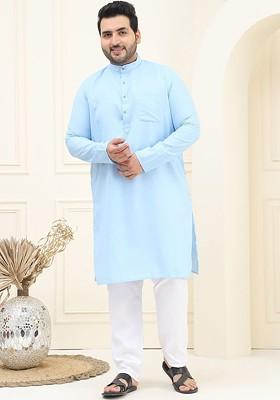 Blue Solid Cotton Kurta Set For Men