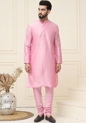 Pink Solid Silk Kurta Set For Men