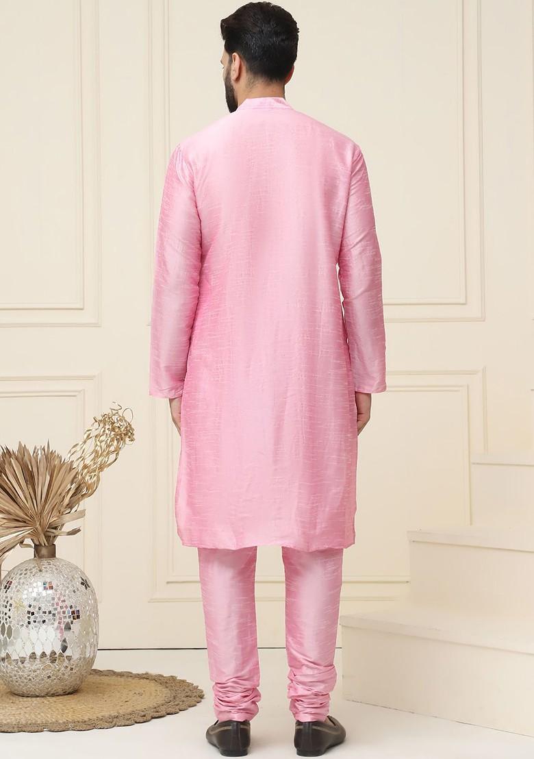 Pink Solid Silk Kurta Set For Men