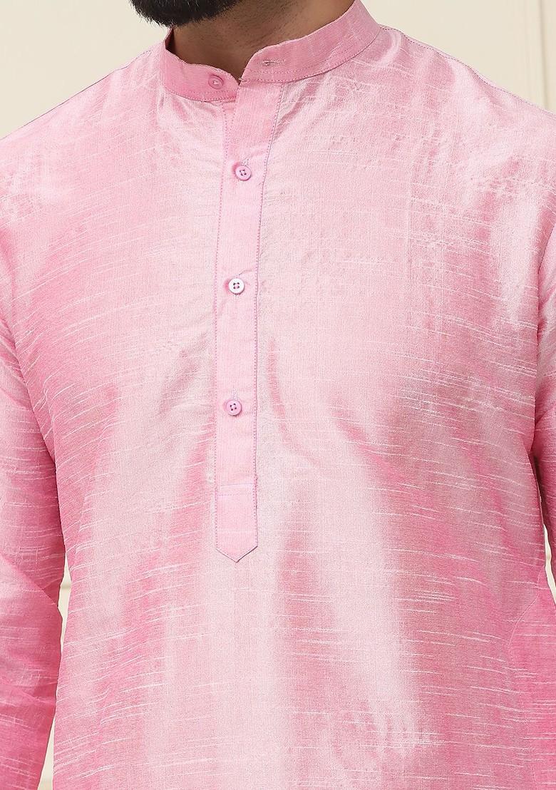 Pink Solid Silk Kurta Set For Men