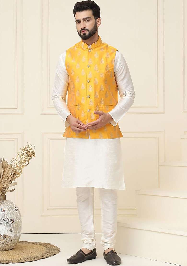 Cream Solid Cotton Kurta Set For Men - Indya