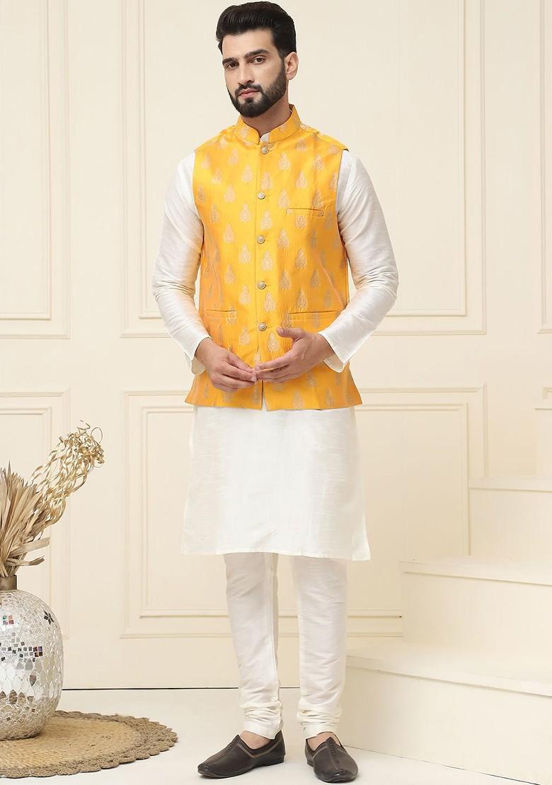Cream Solid Cotton Kurta Set For Men