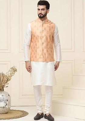 Cream Solid Cotton Kurta Set For Men