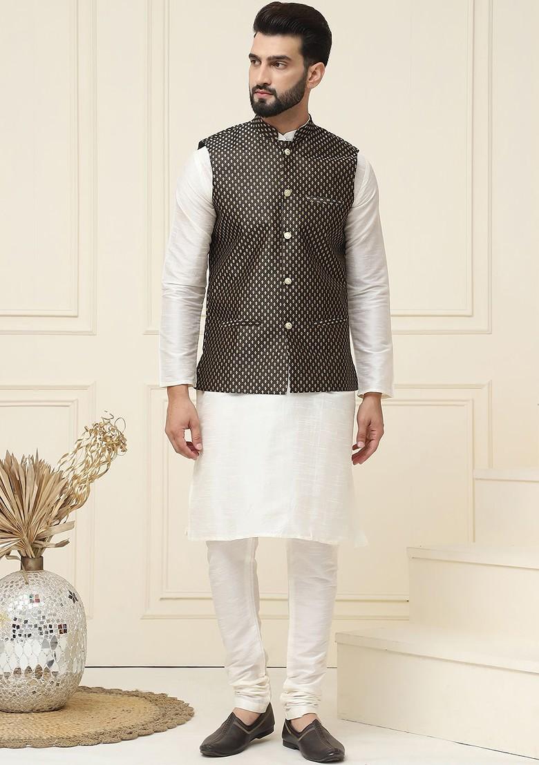 Cream Solid Cotton Kurta Set For Men