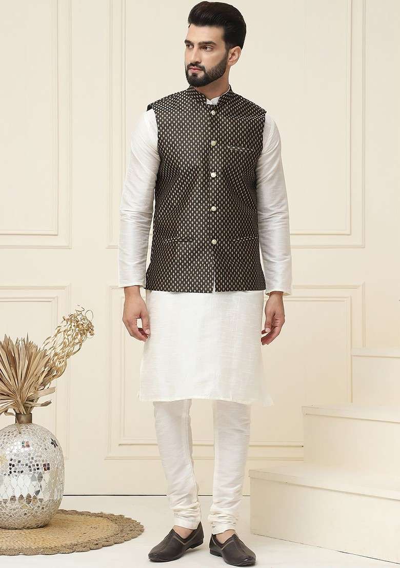 Cream Solid Cotton Kurta Set For Men - Indya