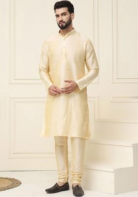Cream Solid Silk Kurta Set For Men