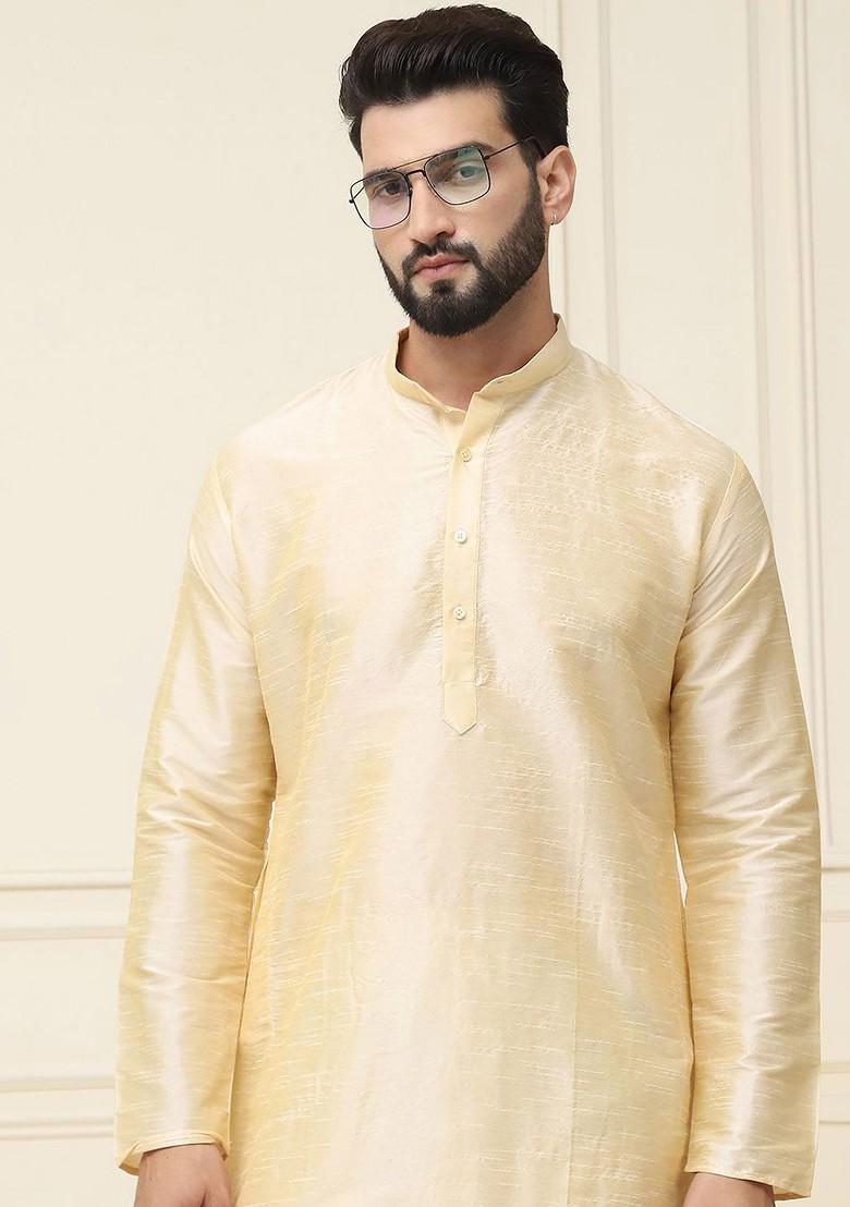 Cream Solid Silk Kurta Set For Men