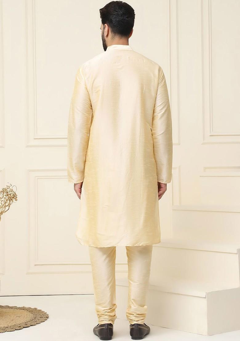 Cream Solid Silk Kurta Set For Men