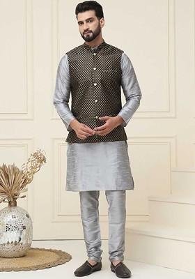 Grey Solid Cotton Kurta Set For Men