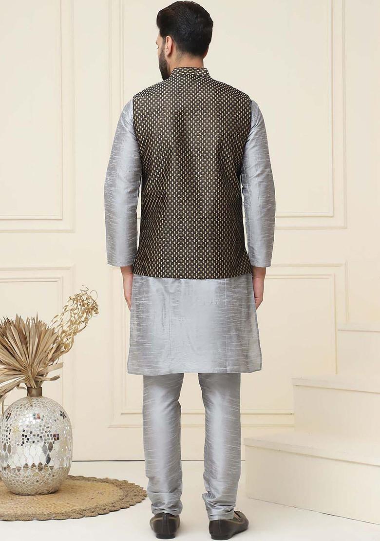 Grey Solid Cotton Kurta Set For Men