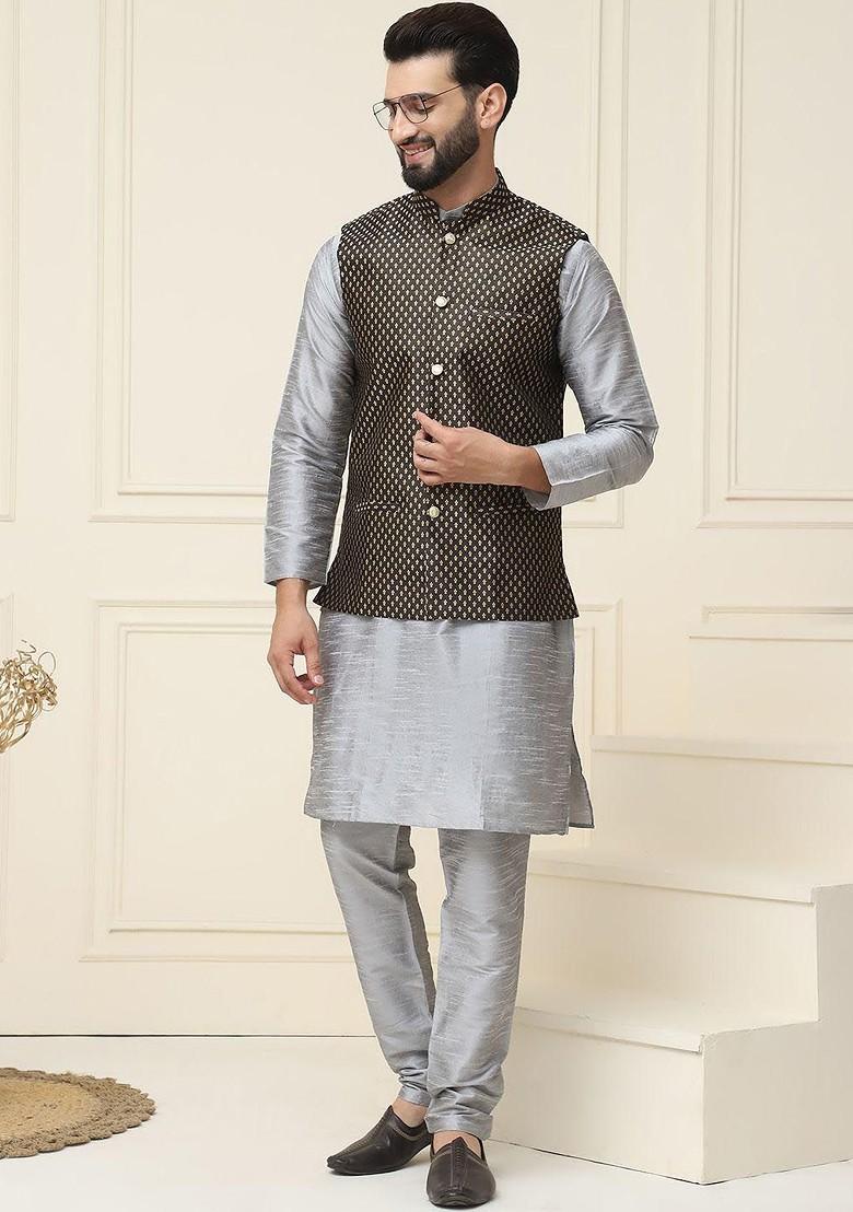 Grey Solid Cotton Kurta Set For Men