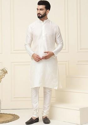 Cream Solid Cotton Kurta Set For Men