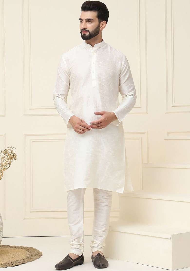 Cream Solid Cotton Kurta Set For Men - Indya