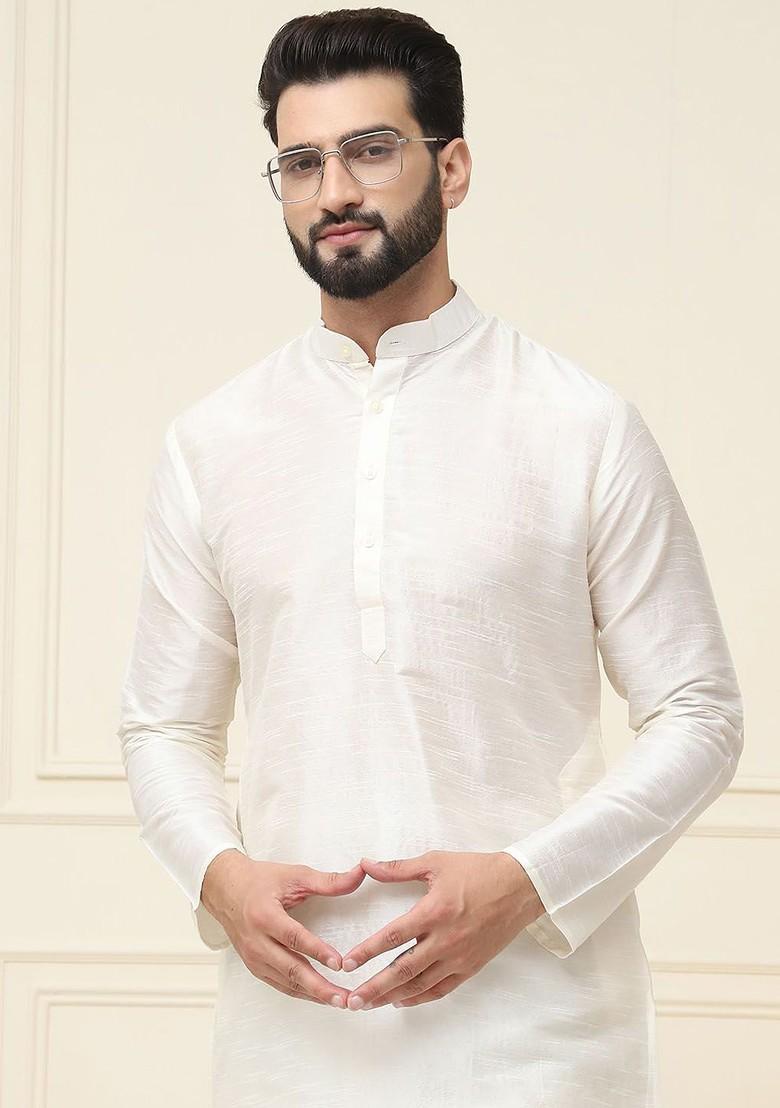 Cream Solid Cotton Kurta Set For Men