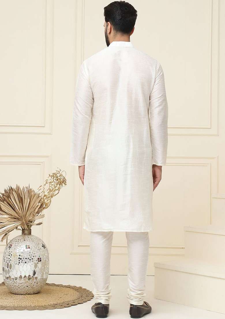 Cream Solid Cotton Kurta Set For Men - Indya