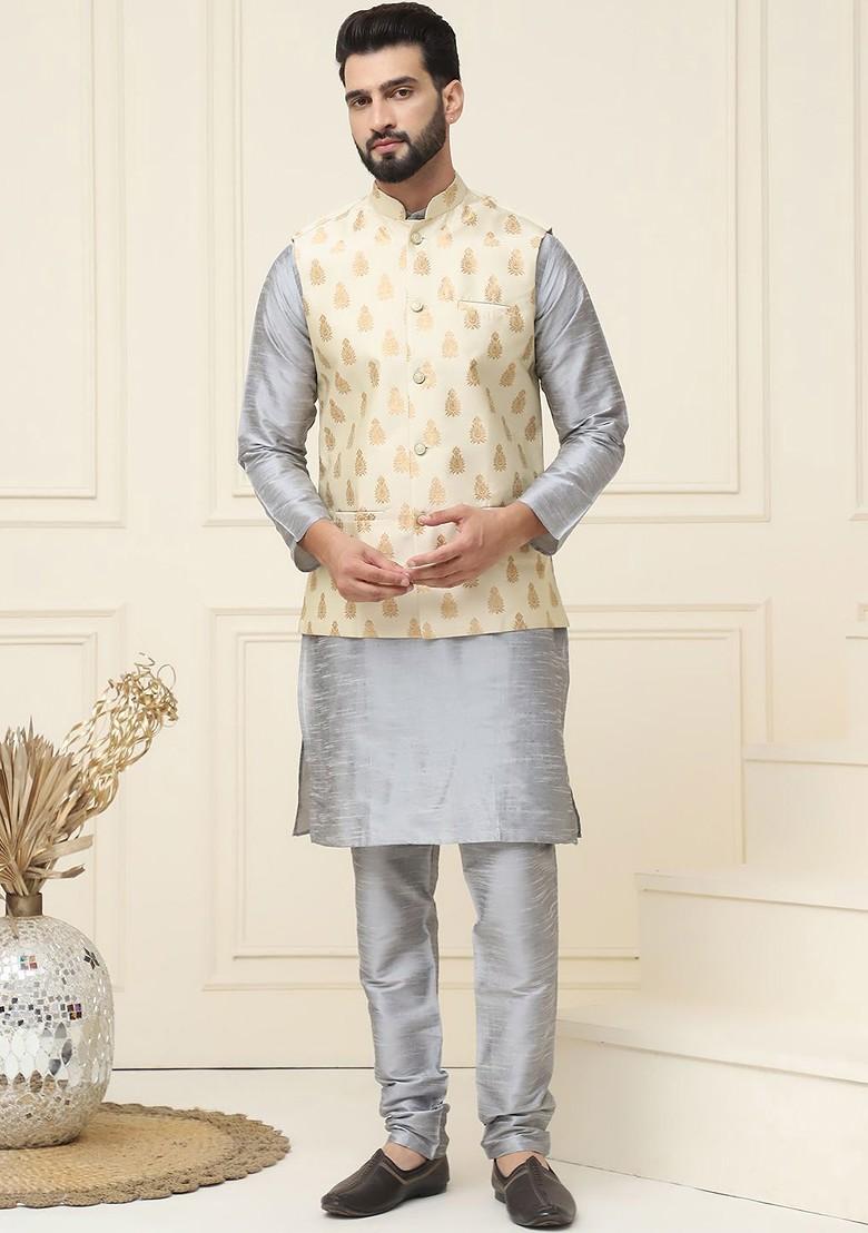 Grey Solid Poly Blend Kurta Set For Men