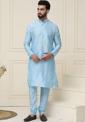 Turquoise Blue Solid Cotton Kurta Set For Men