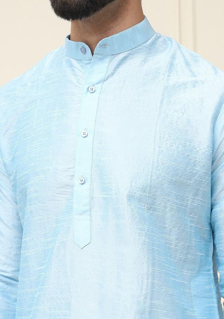 Turquoise Blue Solid Cotton Kurta Set For Men
