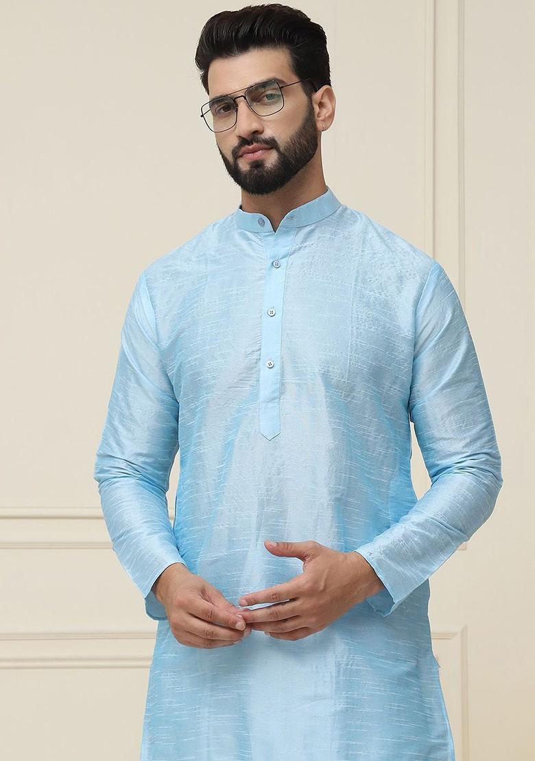 Turquoise Blue Solid Cotton Kurta Set For Men