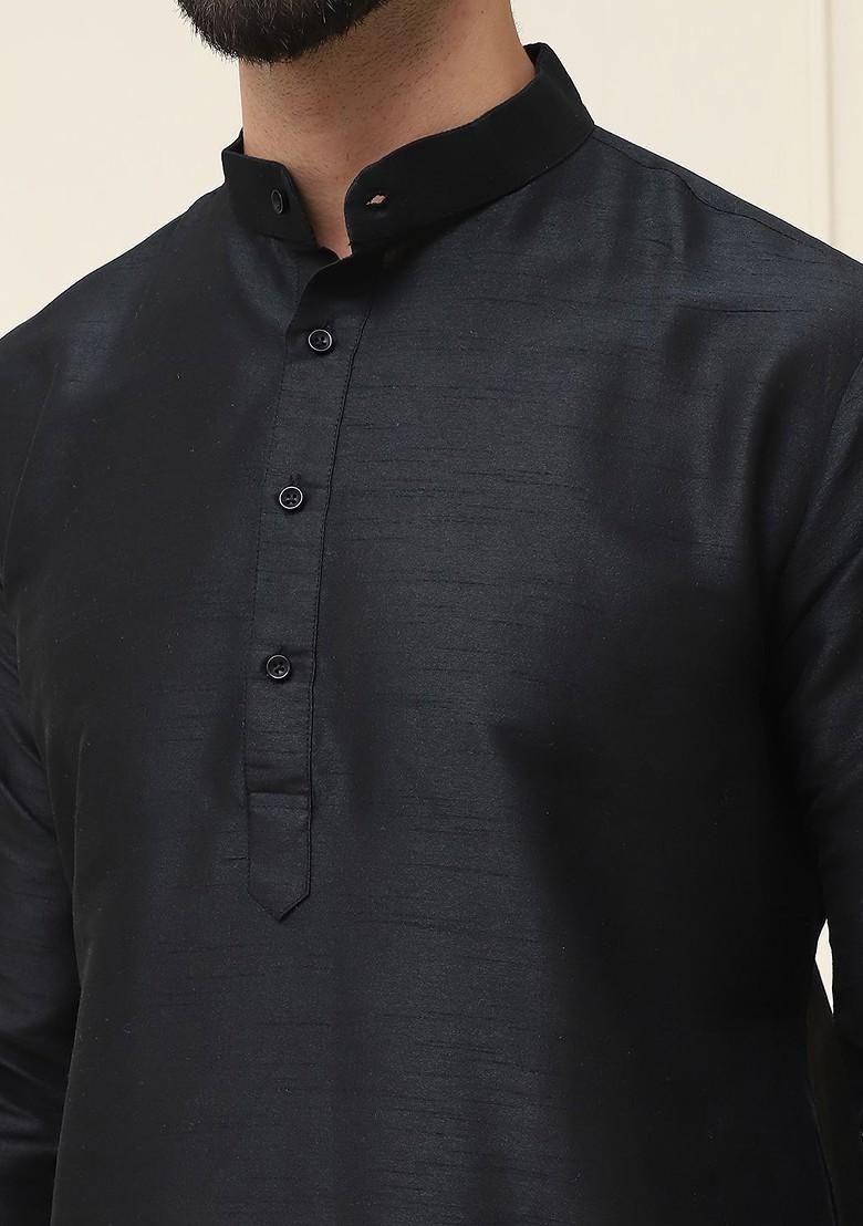Black Solid Cotton Kurta Set For Men