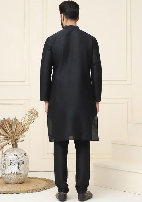 Black Solid Cotton Kurta Set For Men