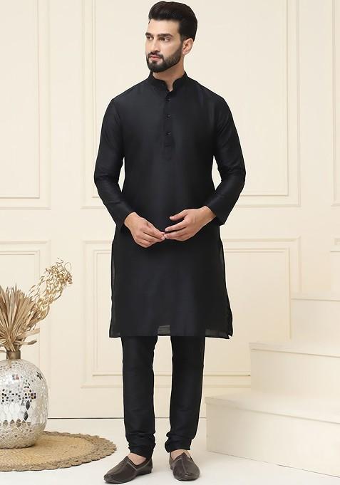 Black Solid Cotton Kurta Set For Men