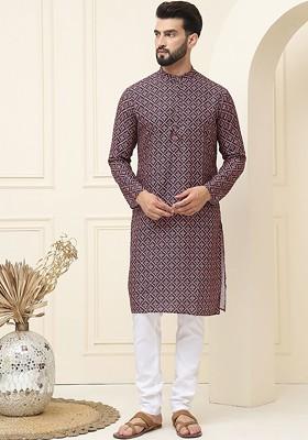 Peach Printed Cotton Kurta Set For Men