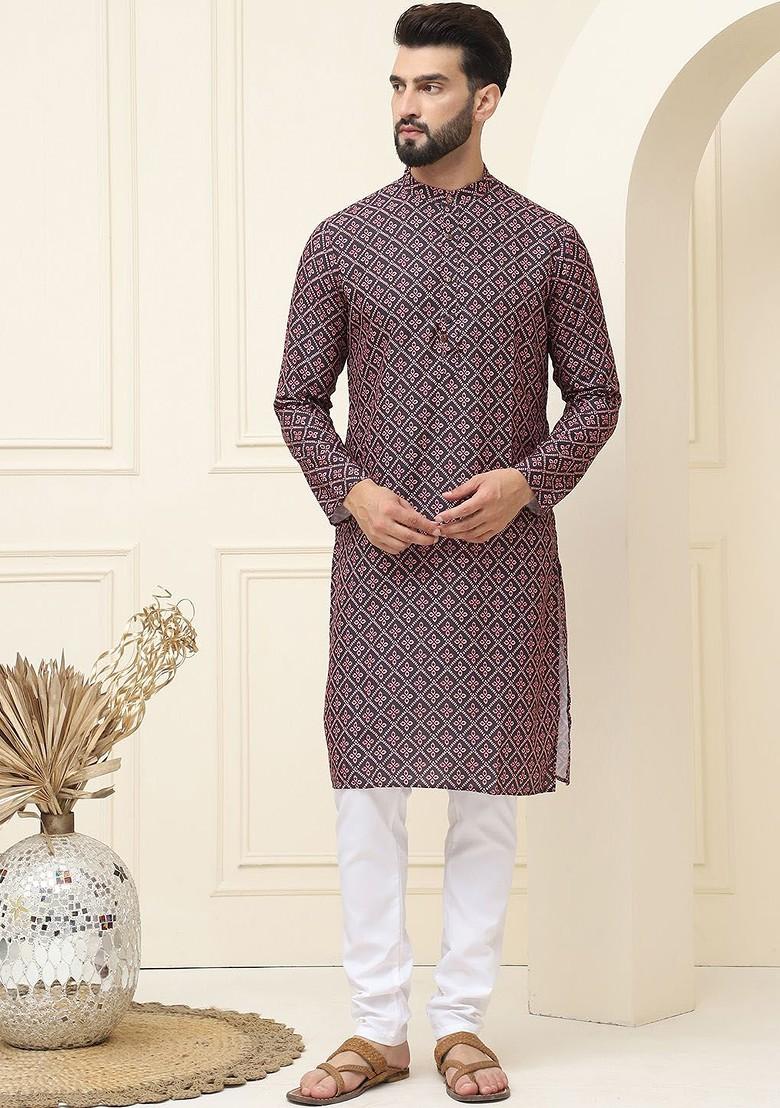 Peach Printed Cotton Kurta Set For Men