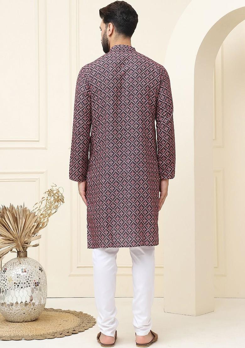Peach Printed Cotton Kurta Set For Men