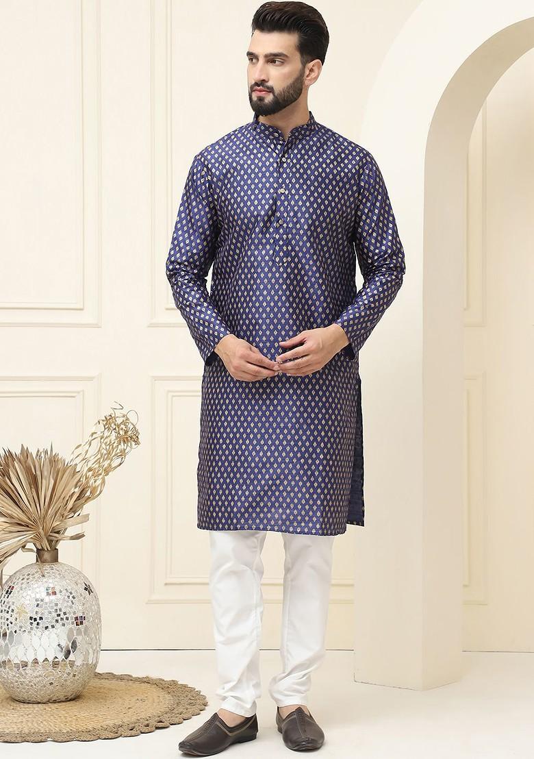 Navy Blue Ethnic Motifs Cotton Kurta Set For Men
