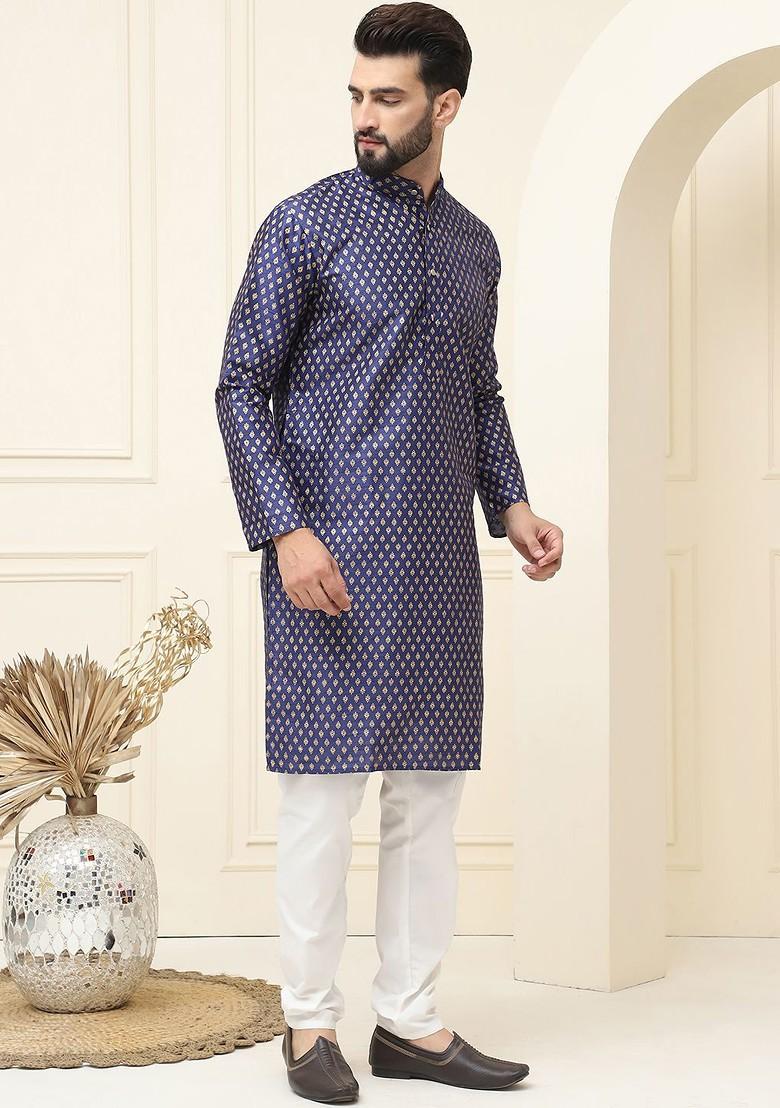 Navy Blue Ethnic Motifs Cotton Kurta Set For Men