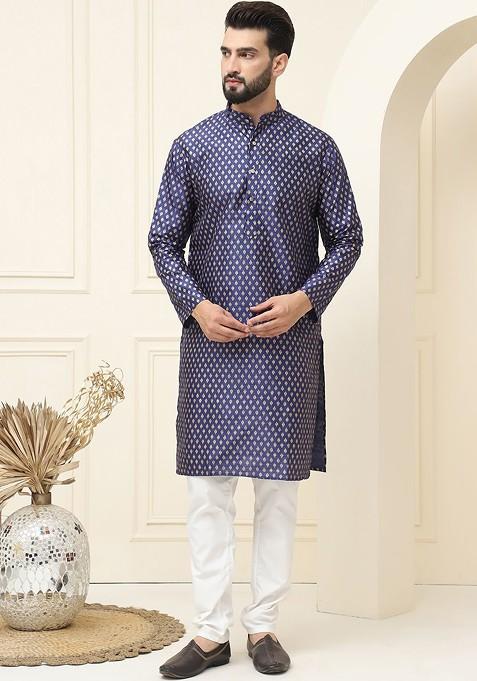 Navy Blue Ethnic Motifs Cotton Kurta Set For Men