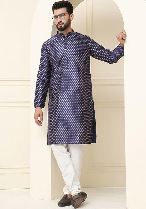 Navy Blue Ethnic Motifs Cotton Kurta Set For Men
