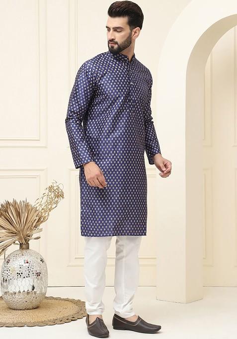 Navy Blue Ethnic Motifs Cotton Kurta Set For Men