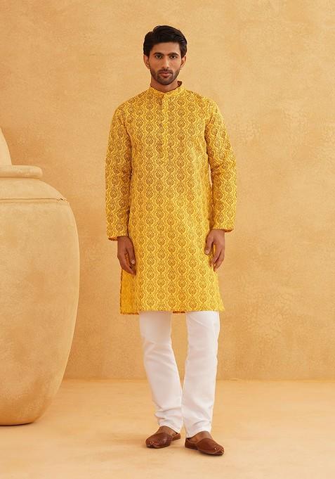 Mustard Ethnic Motifs Cotton Kurta Set For Men