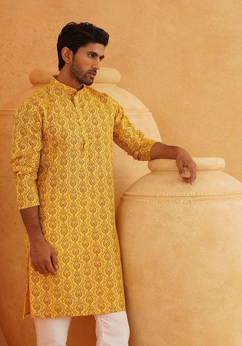 Mustard Ethnic Motifs Cotton Kurta Set For Men
