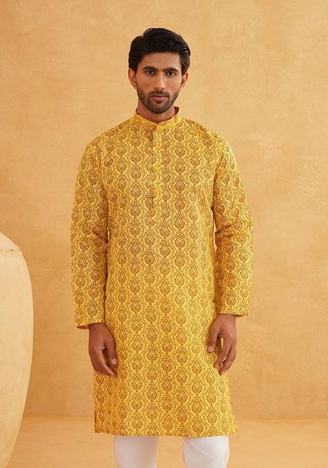 Mustard Ethnic Motifs Cotton Kurta Set For Men