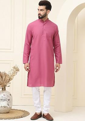 Coral Pink Solid Cotton Kurta Set For Men
