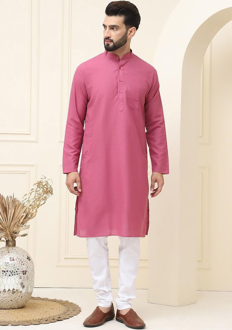 Coral Pink Solid Cotton Kurta Set For Men