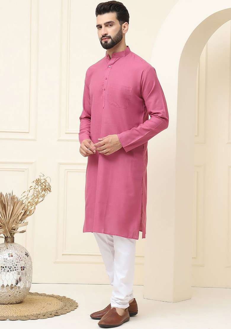 Coral Pink Solid Cotton Kurta Set For Men - Indya