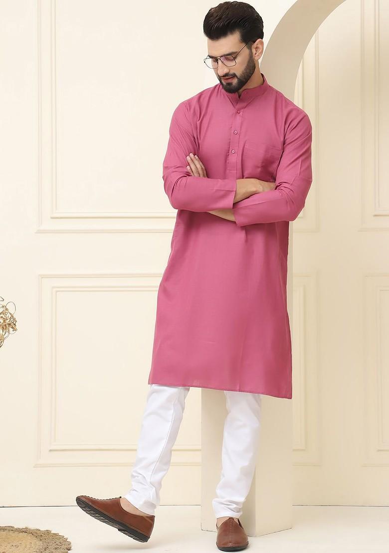 Coral Pink Solid Cotton Kurta Set For Men