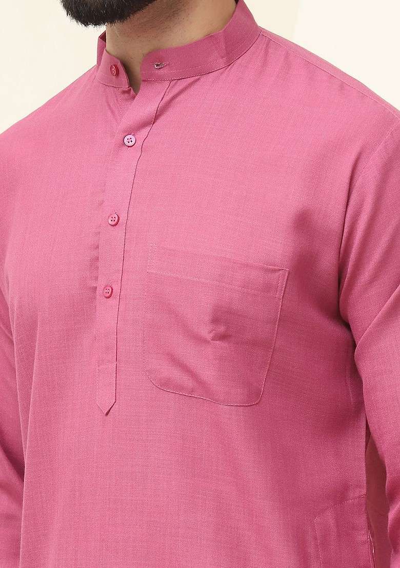 Coral Pink Solid Cotton Kurta Set For Men - Indya