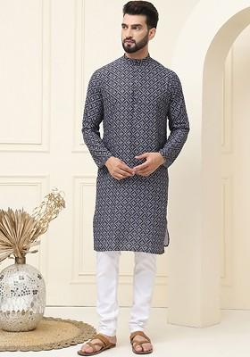 Black Ethnic Motifs Cotton Kurta Set For Men