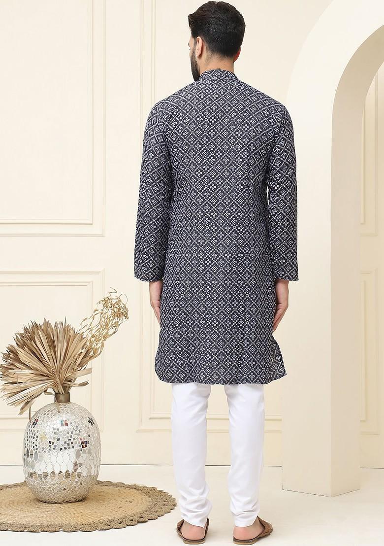 Black Ethnic Motifs Cotton Kurta Set For Men