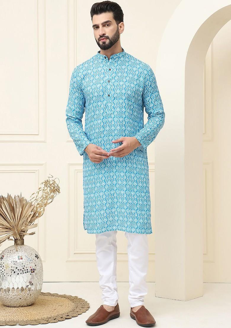 Blue Printed Cotton Kurta Set For Men