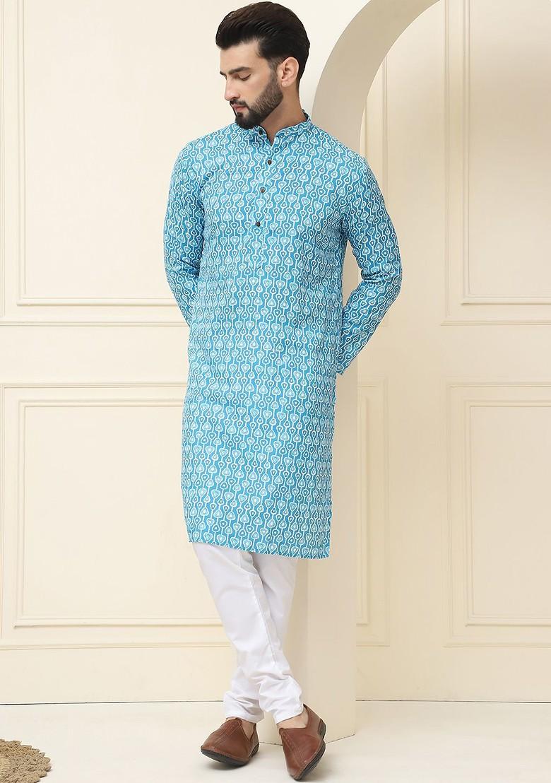 Blue Printed Cotton Kurta Set For Men