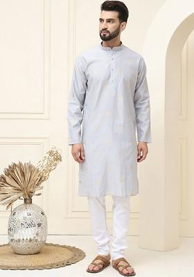 Grey Woven Cotton Kurta Set For Men