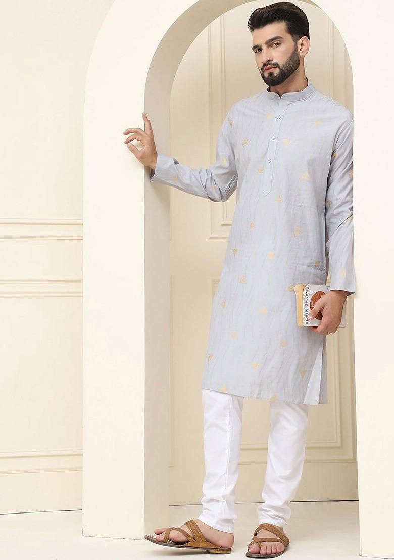 Grey Woven Cotton Kurta Set For Men