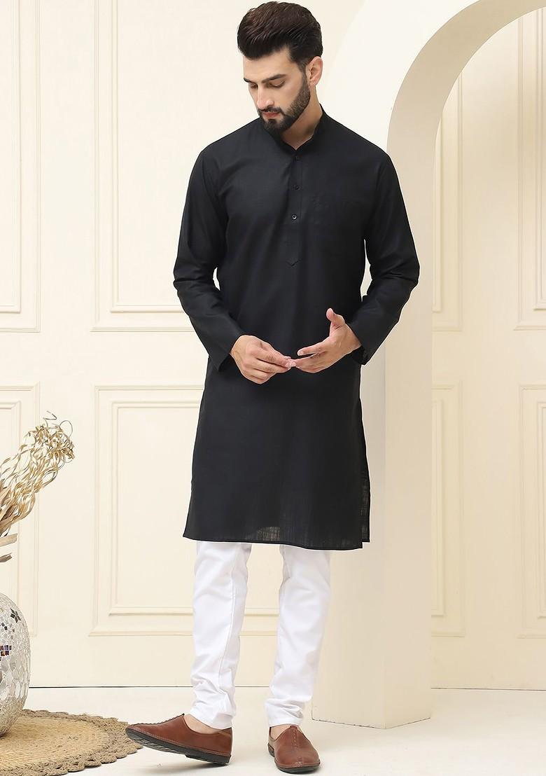 Black Solid Cotton Kurta Set For Men