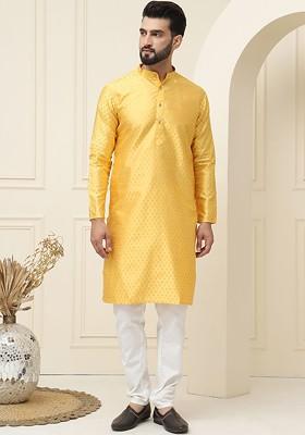 Yellow Ethnic Motifs Cotton Kurta Set For Men